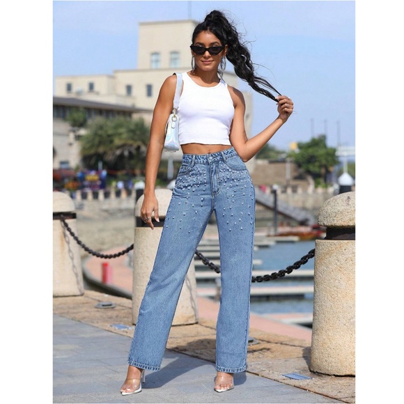 Rhinestone Embellished Light Wash Blue Straight Leg Jeans Denim - Picture 4 of 9